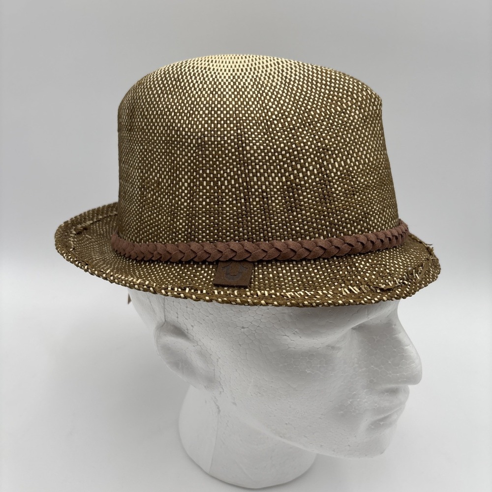 True Religion Jeans Paper Straw Fedora Hat Small/Medium Distressed Leather NWT